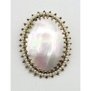 Vintage Oval Mother Of Pearl Like Look Brooch Pendant Pin Charm Unsigned